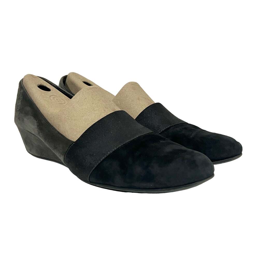 Italian Suede Leather Loafers Low Wedge Heels Slip On Sz 10 Black Gray Aquatalia